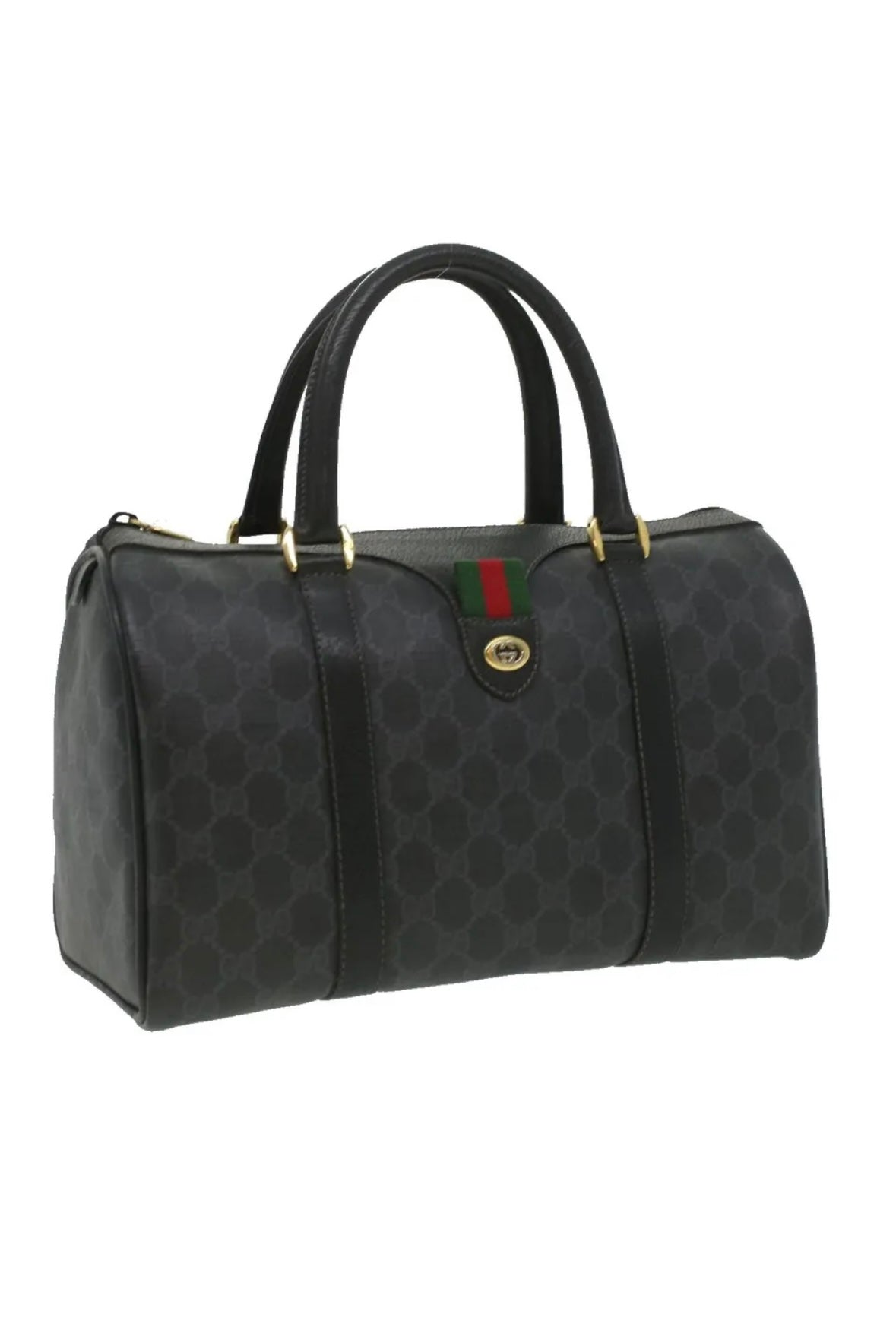 Gucci Boston Handbag in Beige Monogram Canvas and Dark Brown Patent